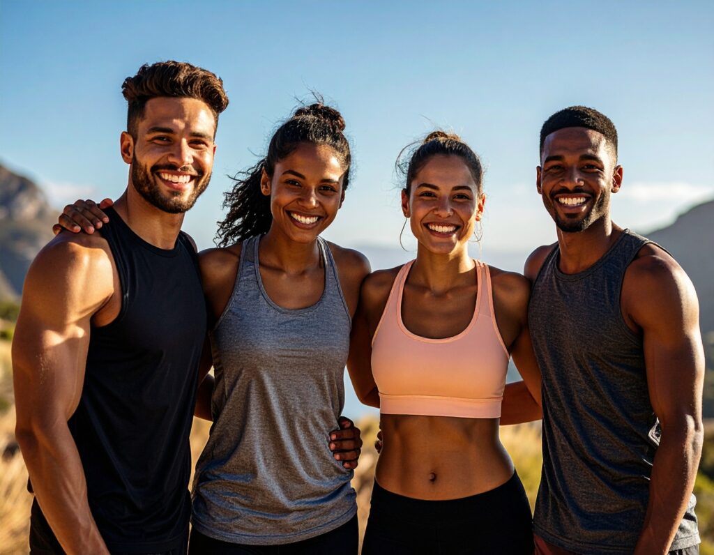 Grupo de amigos usando calzado deportivo para hombre y mujer